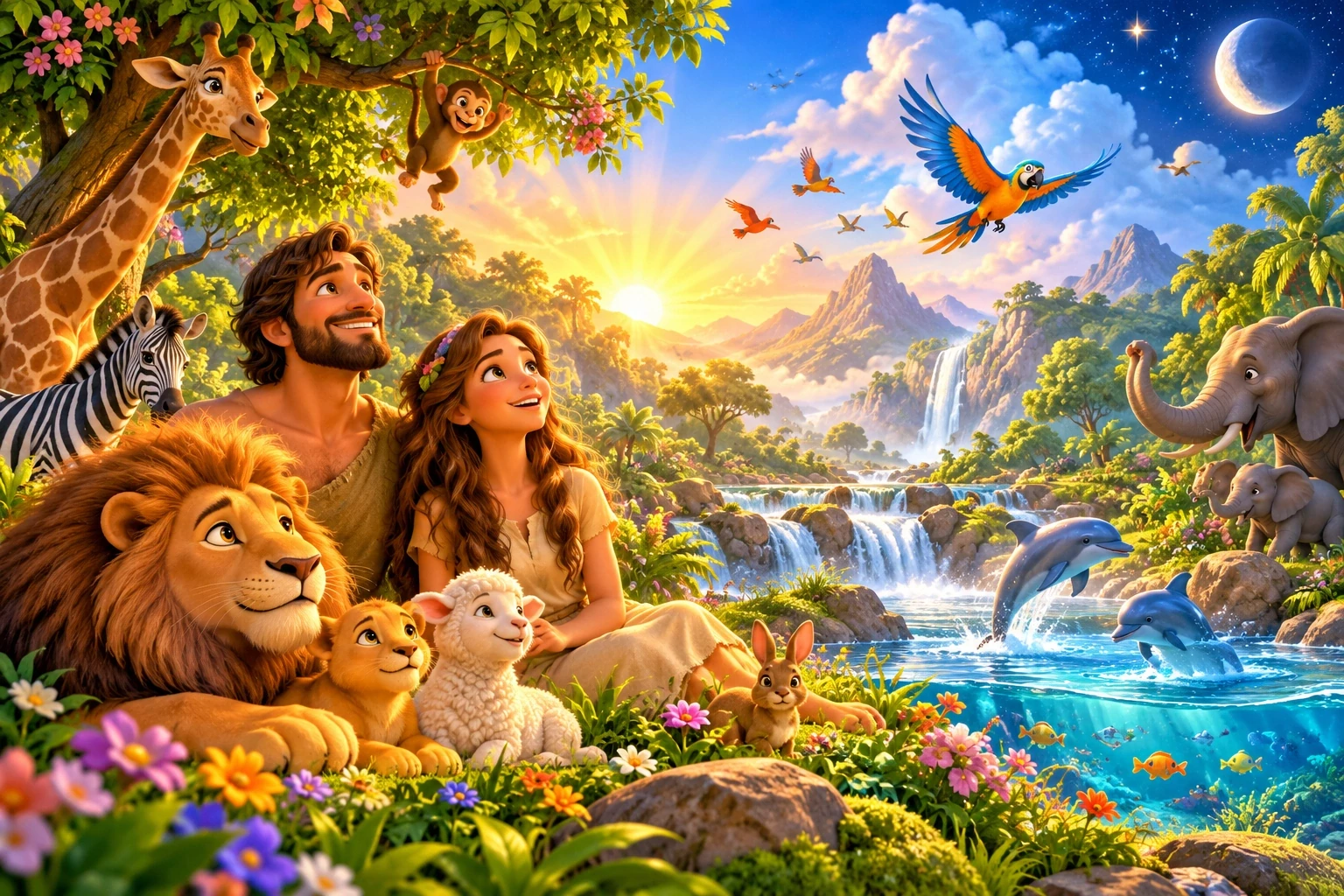 A bright garden at sunrise with animals, trees and a river.