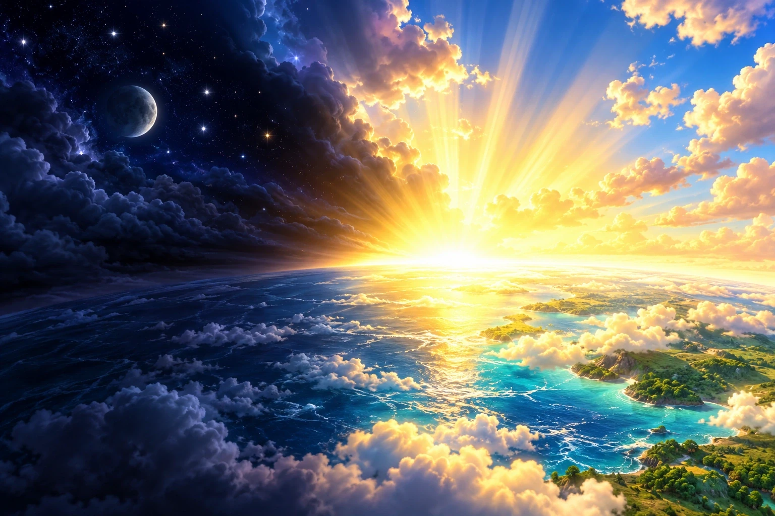 Warm golden light bursting across the darkness.