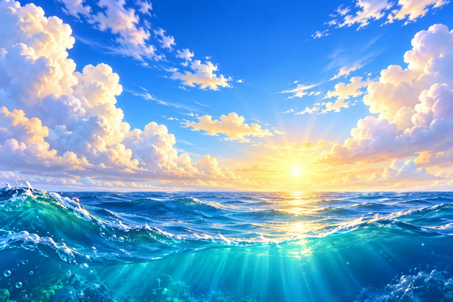 A wide blue sky with soft clouds above shining water.