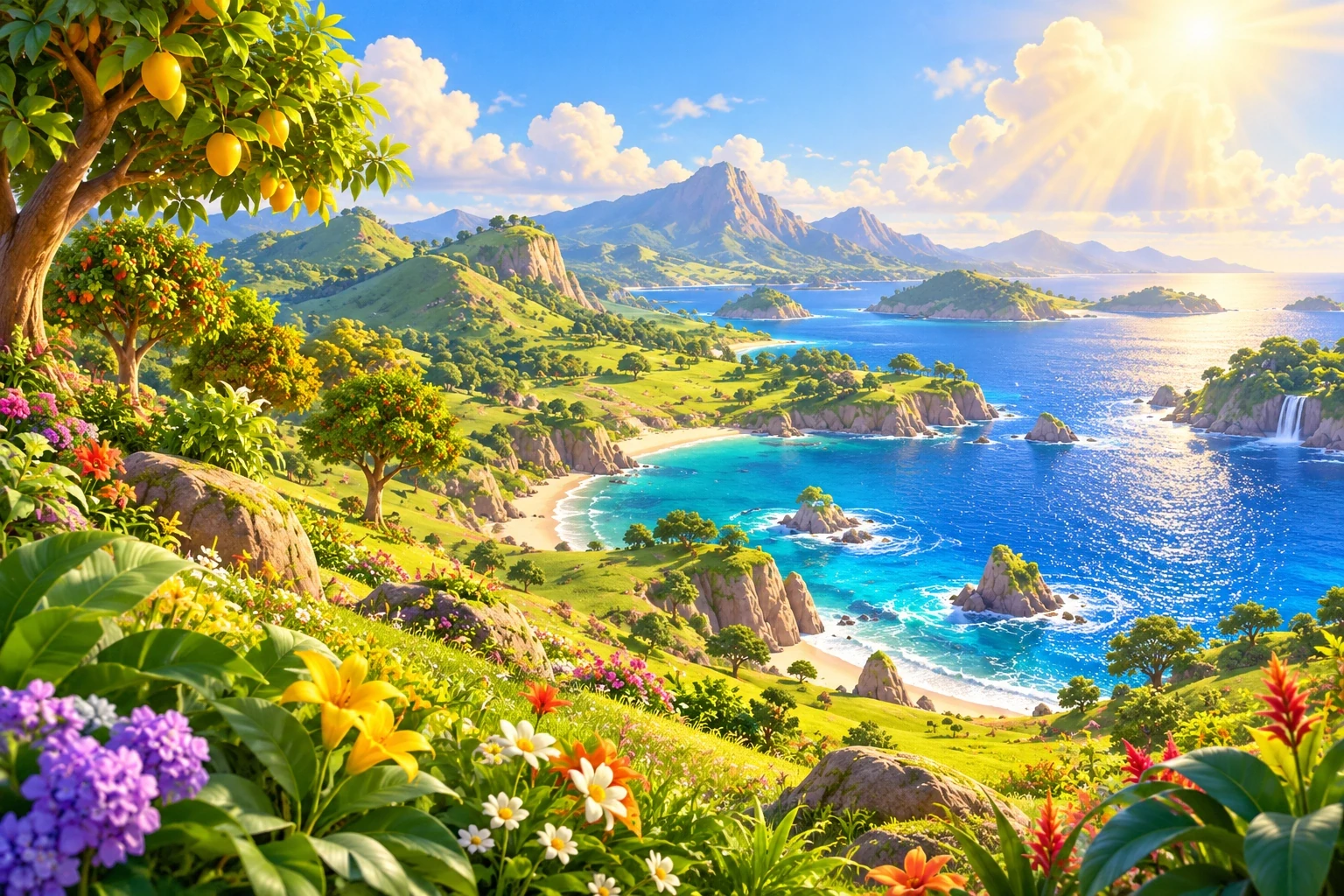 Green hills, blue seas, fruit trees and bright flowers.