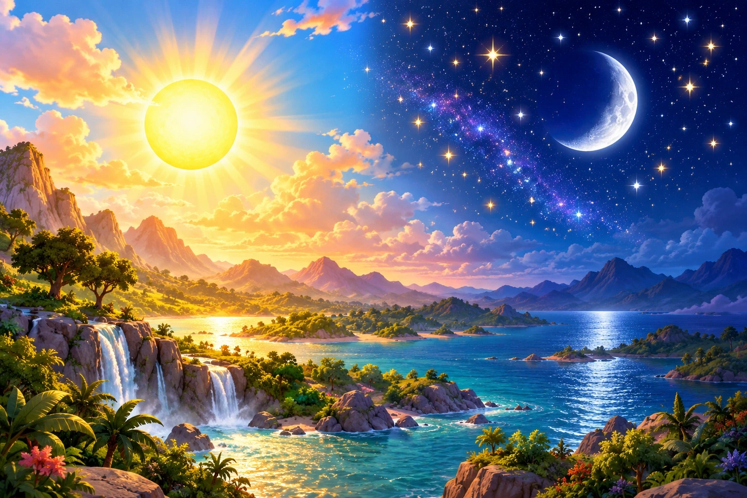 A glowing sun on one side and a crescent moon among twinkling stars on the other.