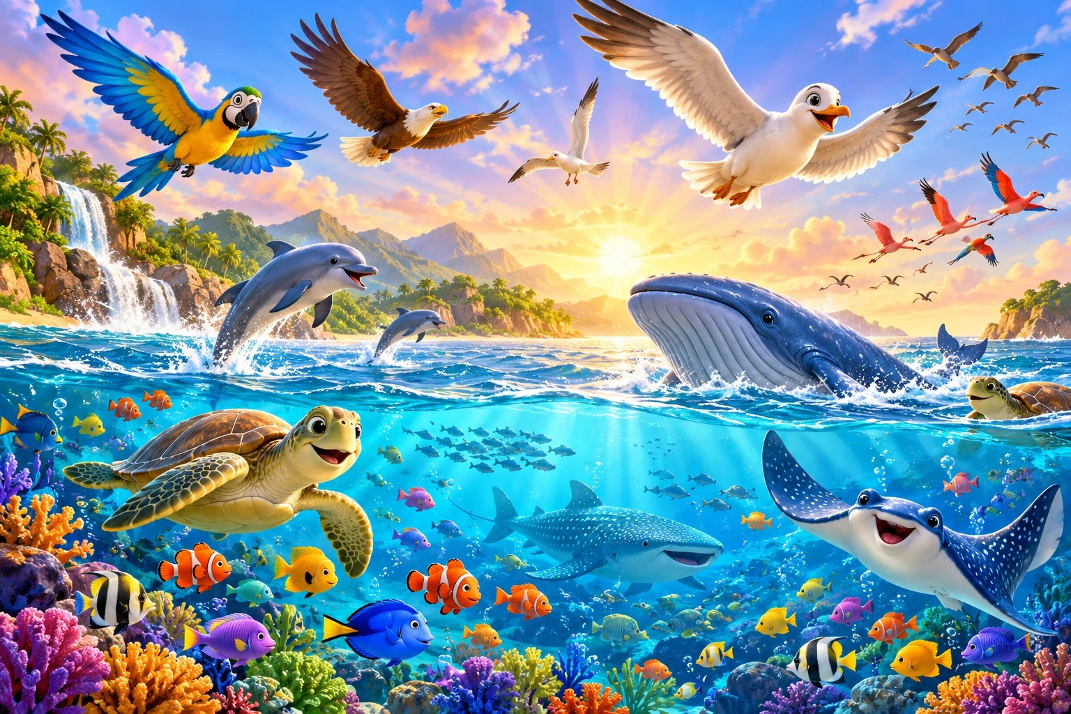 Colourful fish swimming in the sea while birds fly above.