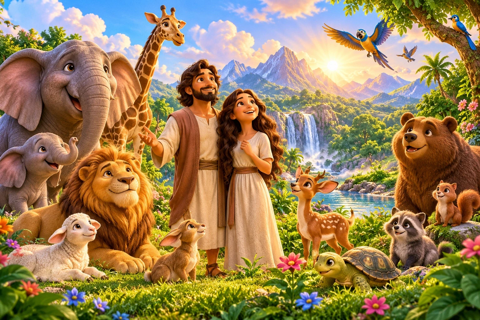 Happy animals on rolling hills with a man and a woman standing together.