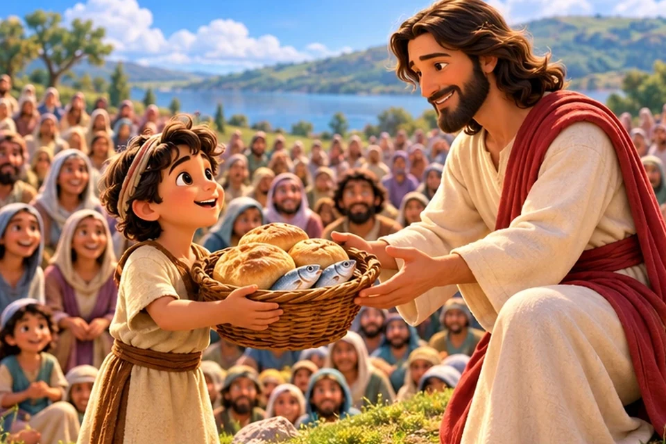 A hillside crowd with bread and fish.