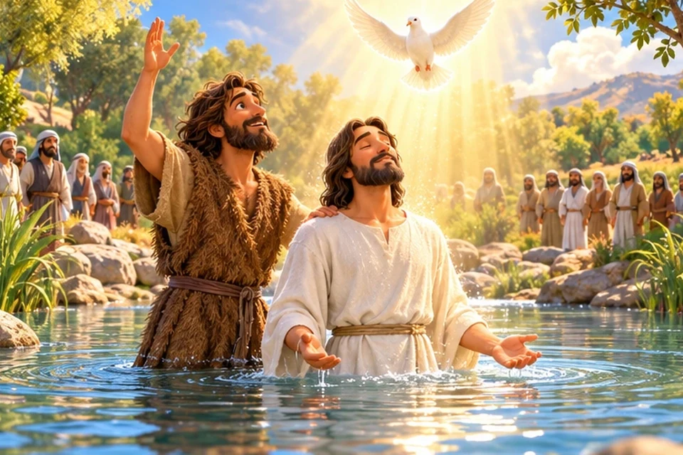 The Jordan River with a dove in the sky.