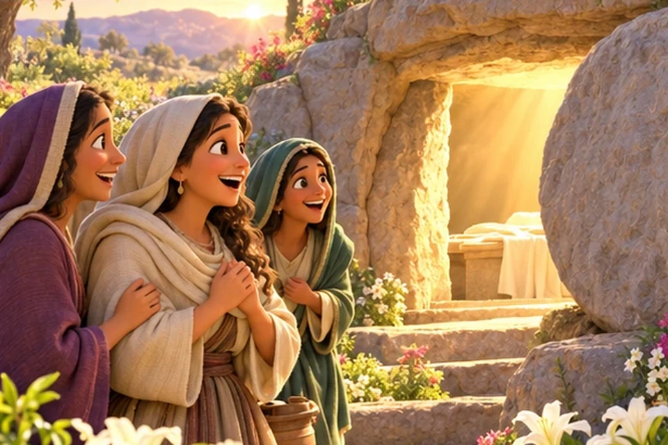 An empty tomb at sunrise with flowers.
