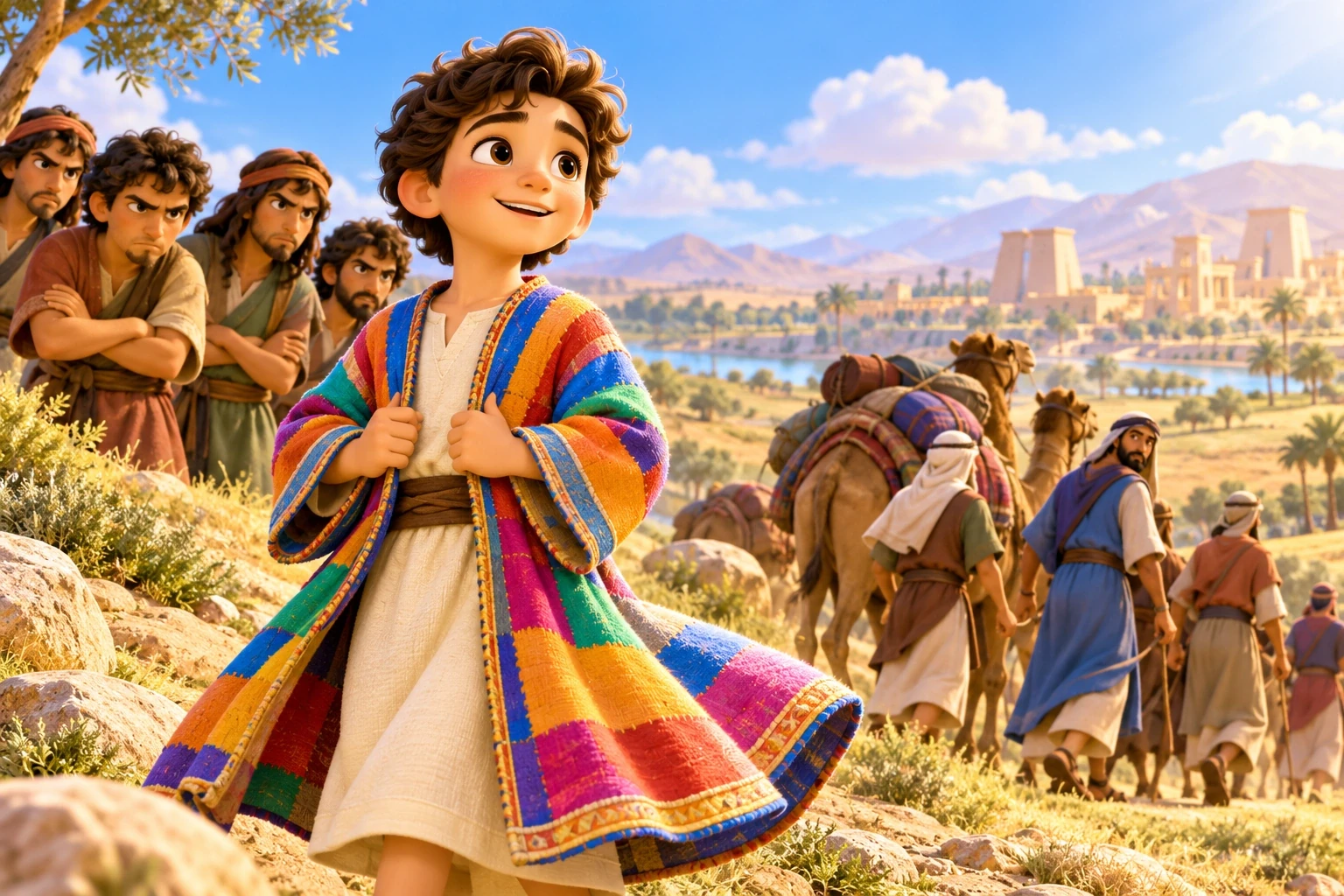 Joseph in his colourful coat on a hillside.