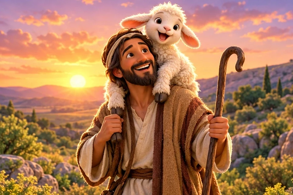 A shepherd carrying a sheep on his shoulders.
