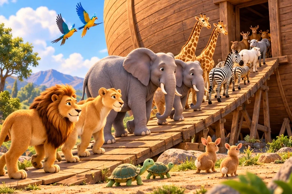 Parejas de animales (leones, elefantes, jirafas y aves) caminando hacia el arca.
