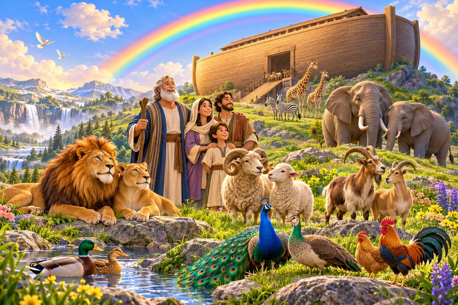 The ark resting on a green hill beneath a rainbow.