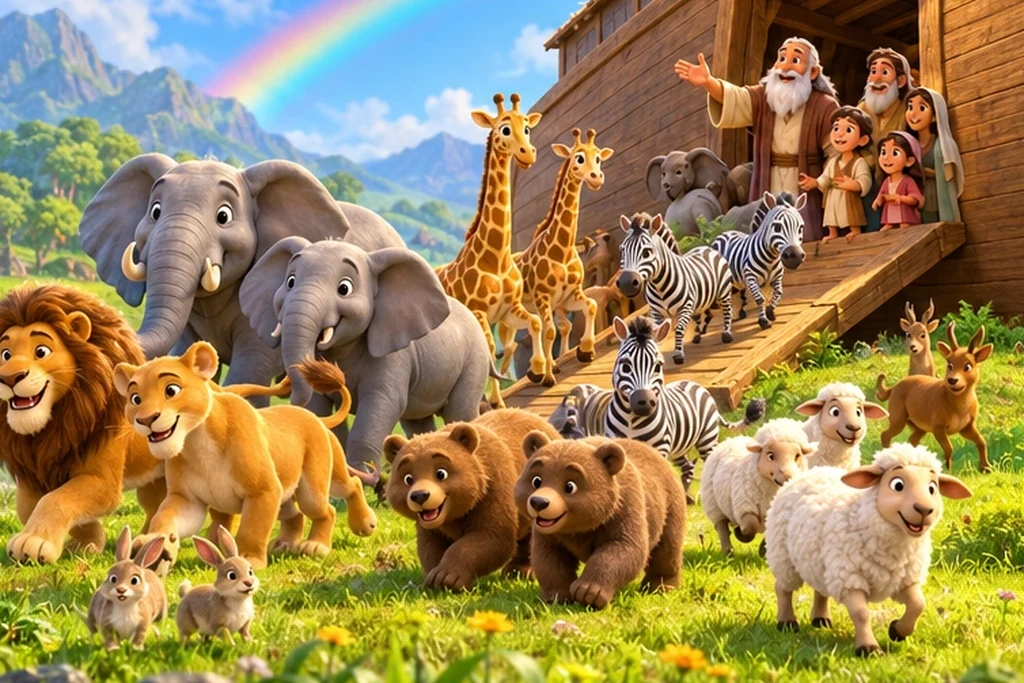 Animales saltando felices fuera del arca sobre la hierba verde y fresca.