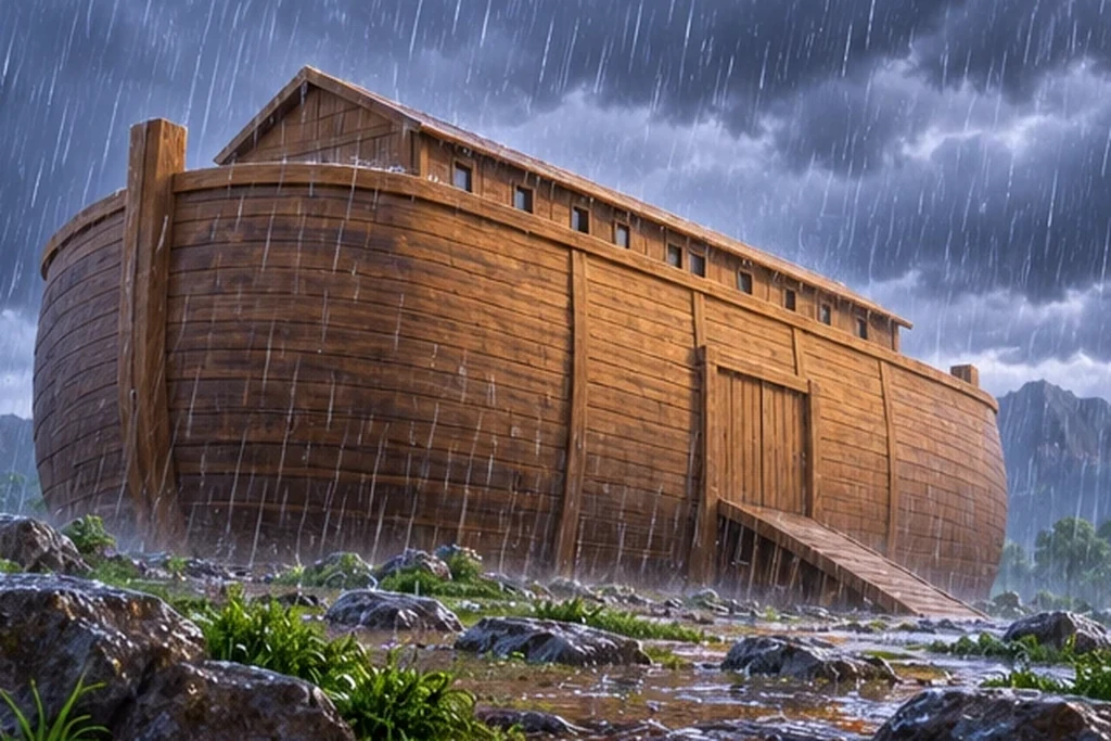 Lluvia suave cayendo alrededor del arca cerrada.