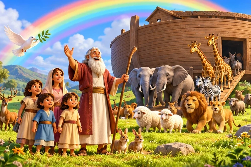 Un arcoíris brillante sobre la familia de Noé y los animales.