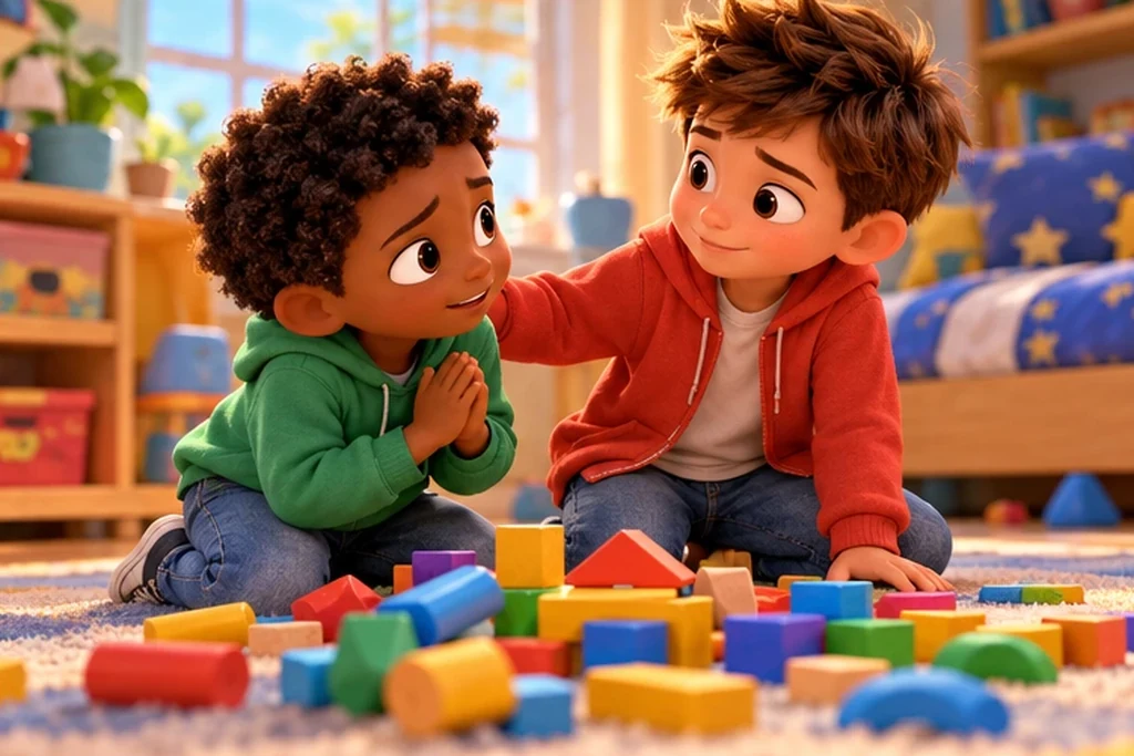 Your friend knocked over the block tower you were building. Now they say, 'I'm sorry.'