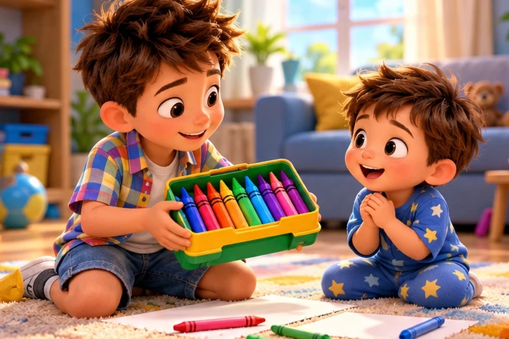 You have a big box of crayons. Your little brother wants to colour too, but he has none.
